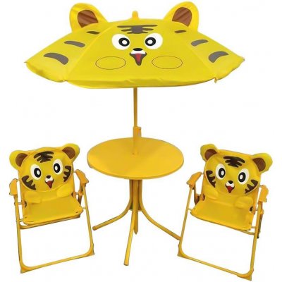 Strend Pro Leq Melisenda Tiger detský záhradný set 2 stoličky so slnečníkom žltý - Set záhradný, žltý- slnečník 105 cm, stôl 50 cm, 2 stoličky, max. 30kg
