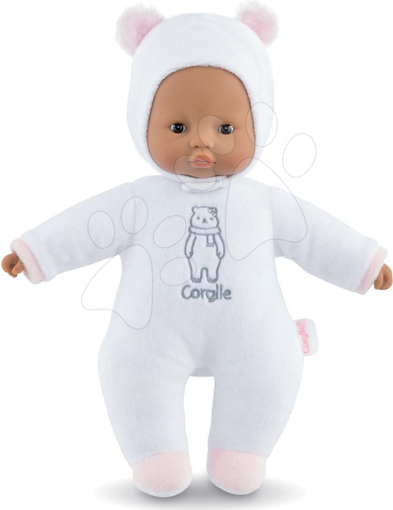 Corolle medvedík Sweet Heart White Bear s čiernymi očami a snímateľnou kapucňou s uškami 30 cm modra