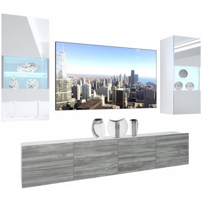 Obývacia stena Belini Premium Full Version biely lesk šedý antracit Glamour Wood LED osvetlenie Nexum 101
