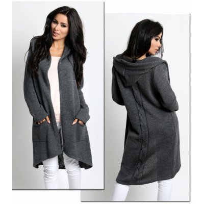 Fashionweek Maxi dlhý farebný sveter, cardigan, blazer s kapucňu/3681 Farba: grafitová, Veľkosť: Universal