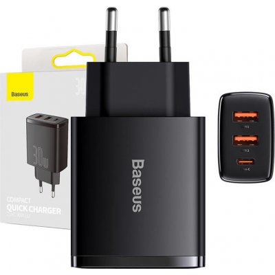 Nabíječka Baseus Compact Quick Charger, 2xUSB, USB-C, PD, 3A, 30W (czarna)