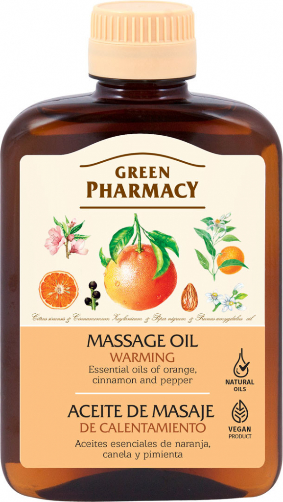 Green Pharmacy Body Care hrejivý masážny olej Essential Oils of Orange Cinnamon and Pepper 0% Preservatives Artificial Colouring 200 ml