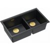 GraniteQ ČTVRÁK | LOGAN 120 | žulový kuchyňský dřez ČISTÝ UHLÍK + ZLATÉ PVD | rozměry: 76 x 45 x 23,5 cm | 2komorová vložka | výška dna skříňky od: 80 cm