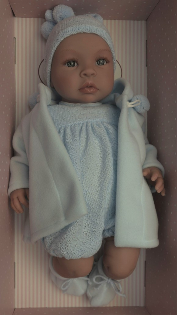 ASIVIL Realistické miminko LEO v modrém kabátku s kapucou 46 cm