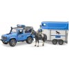Bruder 2588 Policajný Land Rover Defender, príves pre kone, kôň a policajt