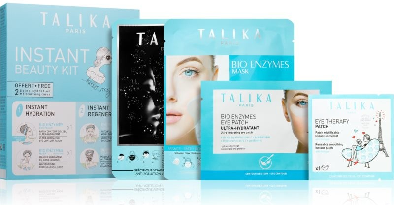 Talika Instant Beauty detoxikačná a čistiaca maska na tvár 25 g + vyhladzujúca očná maska s probiotikami 2 ks + hydratačná plátienková maska 20 g + vyhladzujúca maska na očné okolie