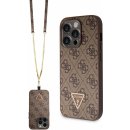 Guess PU 4G Strass Triangle Metal Logo + Crossbody popruh iPhone 15 Pro, hnedé