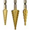 HSS TiN stupňový vrták, sada 3ks, 3-12mm, 4-12mm, 4-20mm, HEX, Geko G38570