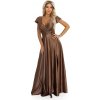 Numoco Dlhé saténové spoločenské šaty s výstrihom – elegantné šaty CRYSTAL 411-15 Farba: Mocca, Veľkosť: M