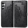 Peňaženkové kožené puzdro Mandala Flower Embossed na Galaxy A55 5G - Čierna