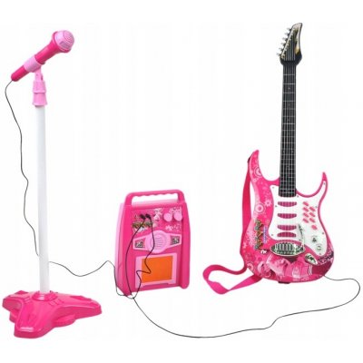 Kruzzel Detská rocková elektrická gitara na batérie a zosilňovač a mikrofón ružová