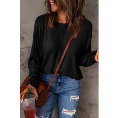 OMG Dámsky jednofarebný patchworkový sveter s dlhým rukávom Baja čierna
