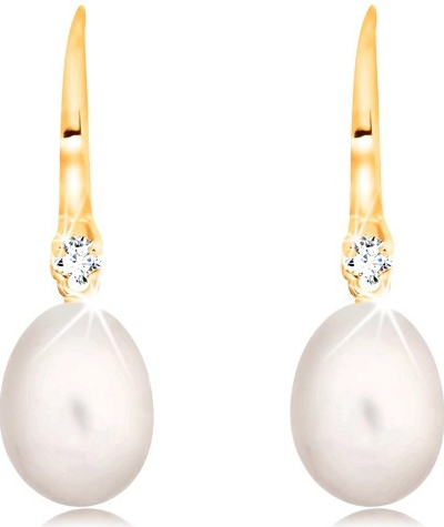 Šperky eshop náušnice v žltom zlate biela oválna perla a číry zirkón na háčiku GG16.25