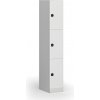 Šatníková skrinka S1 s úložnými boxmi, 3 boxy, 1850 x 300 x 500 mm, demont, kódový zámok, laminované dvere, biela