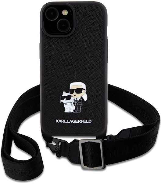 Púzdro Karl Lagerfeld Saffiano Crossbody Metal Karl and Choupette iPhone 15 čierne