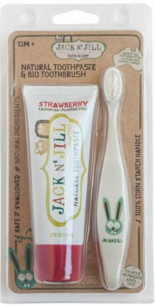 Jack N Jill BIO Jahoda prírodná zubná pasta pre deti 50 g + BIO Zajac extra mäkkú bio zubná kefka pre deti darčeková sada