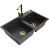 Mexen Tomas, granitový drez 800x500x190 mm, 2-komorový a zlatá batéria Rita, čierna škvrnitá, 6516-76-670300-50