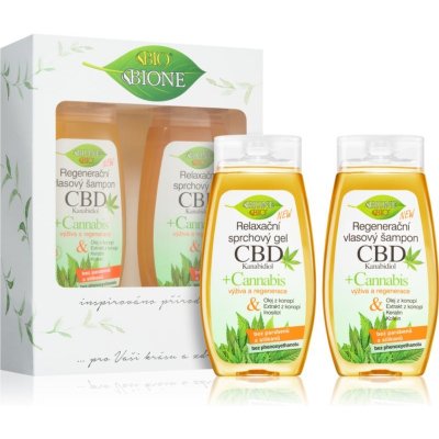 Bione Cosmetics Cannabis regeneračný šampón s CBD 260 ml + relaxačný sprchový gél s CBD 260 ml kozmetická sada