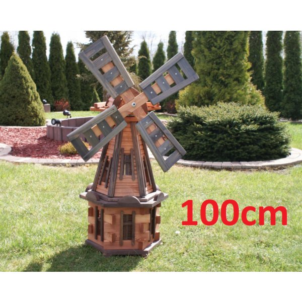 Jazierková dekorácia MKSTOR Drevený veterný mlyn záhradný otočný dekoračný 100cm, jelša+palisander