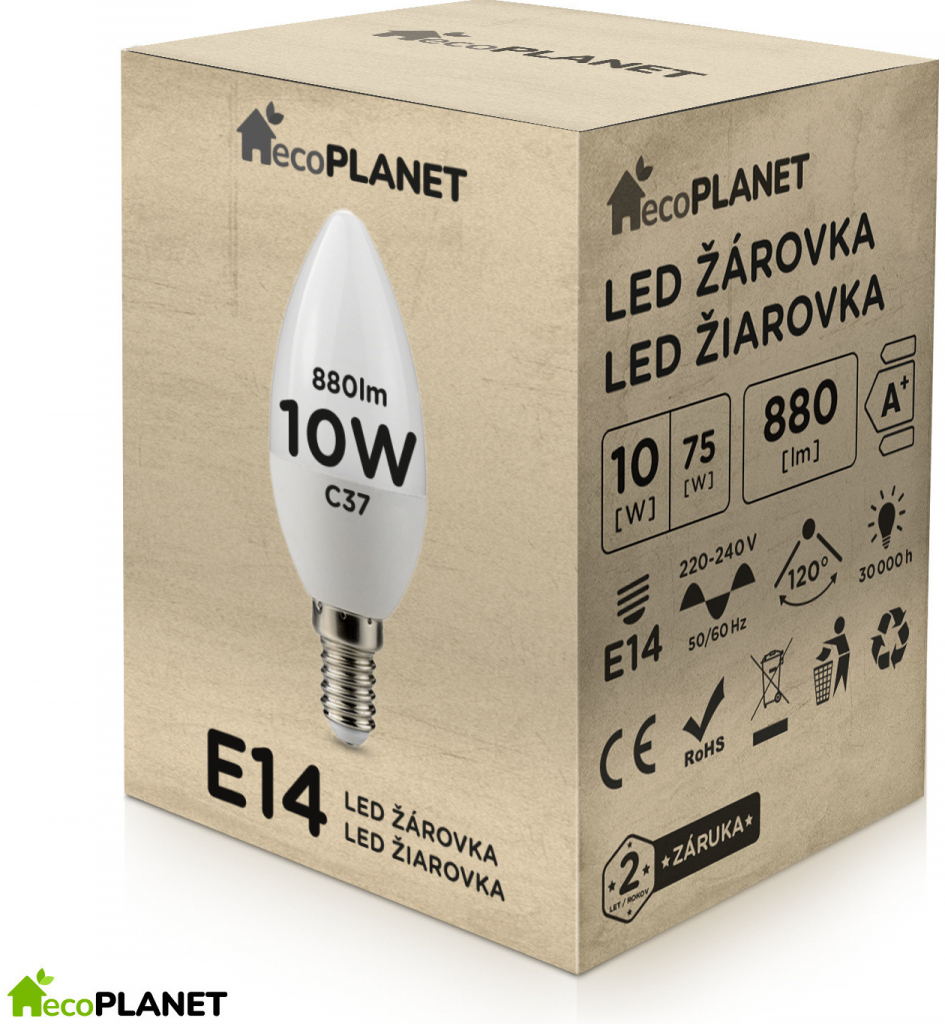 ecoPLANET LED žiarovka E14 10W sviečka 880Lm neutrálna biela