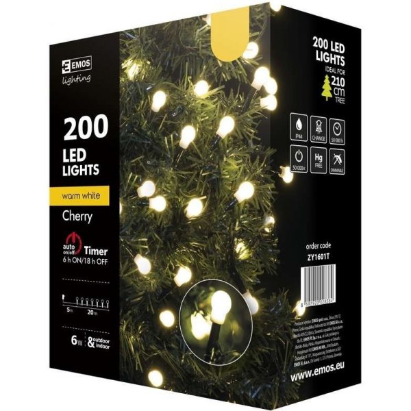 Emos ZY1601T LED vianočná reťaz Cherry 20m 6W | IP44 | 200 žiaroviek -  teplá biela, časovač od 29,99 € - Heureka.sk