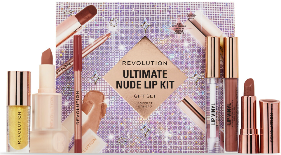 Makeup Revolution London Ultimate Nude Lip Kit rúž Satin Kiss 3,2 g Chauffeur Nude + rúž Lip Allure Soft Satin 3,2 g Chauffeur Nude + lesk na pery Vinyl Lipgloss 2,5 ml Chauffeur Nude