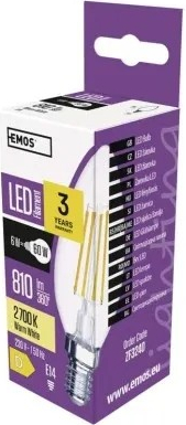 Emos LED žárovka CANDLE, 6W/60W, E14 teplá bílá, 810 lm, Filament, D