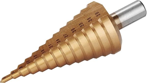 Vrták stupňovitý, 4-39 mm, stupňovanie po 3 mm, 13 otvorov, stopka 13 mm, TiN G38501