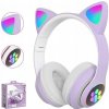 SLÚCHADLÁ PRE DETI BLUETOOTH LED RGB MAČACIE UŠI ŠKOLA DARČEKY FIALOVÉ