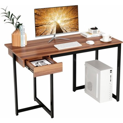 COSTWAY Stôl so zásuvkou, 120 x 55 x 75 cm, malý počítačový stôl, kancelársky stôl, drevený PC stôl, pracovný stôl s kovovým rámom, pre domácu kanceláriu, kanceláriu, pracovňu (orech)