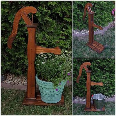 RETRO Drevená Dekorácia Záhradná ručná pumpa, drevený stojan na kvetináč do záhrady