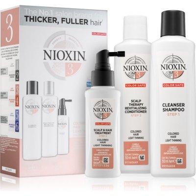 Nioxin System 3 čistiaci šampón pre farbené rednúce vlasy 150 ml + hydratačný a vyživujúci kondicionér pre jednoduché rozčesávanie vlasov 150 ml + bezoplachová starostlivosť pre rednúce vlasy 50 ml