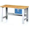 Alfa 3 Nastaviteľný dielenský stôl MECHANIC I, závesný box na náradie, 2 zásuvky, 1500x685x700-1055 mm, modré dvere