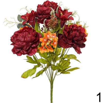 Kytica pivonia + ľalia + hortenzia 49cm bordová 202343BO - Umelé kvety