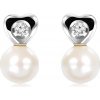 Šperky eshop - Diamantové náušnice z bieleho 9K zlata - drobné srdce, číry briliant, hladká perla S3BT509.08