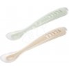 Prvé tréningové lyžičky First Age Silicone Spoons Clay Misty Green Duo Beaba zo silikónu na samostatné jedenie v praktickom obale 2 kusy hnedo-zelené od 4 mes