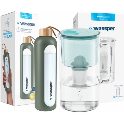 Wessper AquaClassic Crystalline 2,5 l sklenený džbán s filtrom + ActiveMax Crystalline sklenená fľaša so silikónovým obalom 1 l