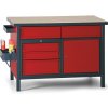 Dielenský pracovný stôl GD, 5 zásuviek, smrek + buková preglejka, 5 zásuviek, 1 skrinka, 1190 x 600 x 850 mm, antracit/červená