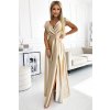 Numoco Saténové dlhé spoločenské šaty s krátkym rukávom a rozparkom Farba: Zlatá, Veľkosť: S