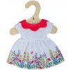 Bigjigs Toys Biele kvetinové šaty s červeným golierom pre bábiku 28 cm