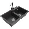 Mexen Tomas, granitový drez 800x500x190 mm, 2-komorový a chrómová batéria Rita, čierna škvrnitá, 6516-76-670300-00