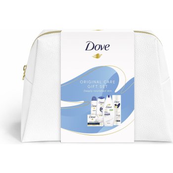 Dove Original tuhé mydlo 90 g + deospray 150 ml + šampón pre poškodené vlasy 250 ml + sprchový gél 250 ml + telové mlieko 250 ml + kozmetická taška darčeková sada