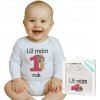 Body s potlačou New Baby Už mám 1 rok ružové - darčekové balenie - 86 (12-18m) - VÝPREDAJ