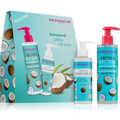 Dermacol Aroma Ritual hydratačný krém na ruky a nechty pre suchú pokožku 150 ml + Ošetrujúce tekuté mydlo na ruky s kokosom 250 ml