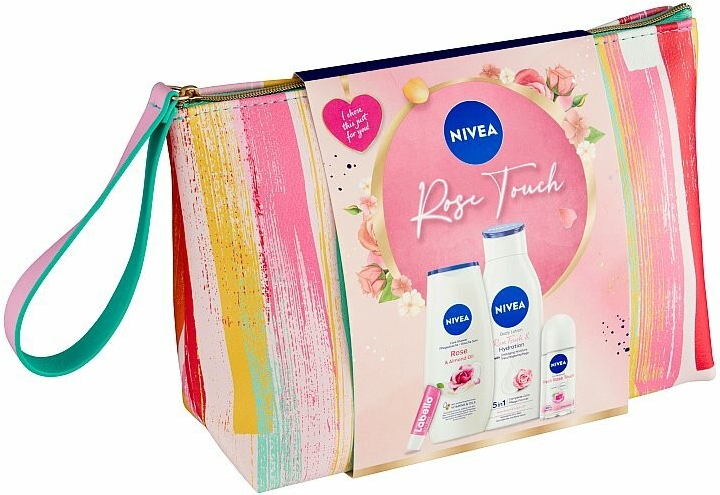 Nivea Rose Touch Dámska darčeková sada v kozmetickej taške 400 ml telové mlieko + 250 ml sprchový gél + 50 ml guľôčkový antiperspirant + 5 ml balzam na pery