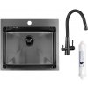 Laveo Malawi, 1-komorový nerezový drez 580x500x200 mm s kuchynskou batériou s pripojením na filter vody, grafitová, LAV-SLMA510F