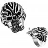 Šperky eshop - Oceľový prsteň, lebka s cigaretou a výraznými zárezmi na čele, čierna patina U23.2 - Veľkosť: 63 mm