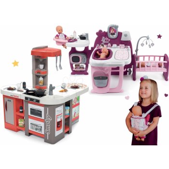 Smoby Set kuchynka elektronická Tefal Studio 360° XXL Bubble mrkvová a domček pre bábiku s nosítkom Violette Baby Nurse Large Doll's Play Center