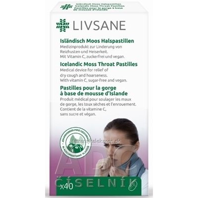 LIVSANE Pastilky s islandským lišajníkom príchuť čierne ríbezle a mäta, s vitamínom C, 1x40 ks