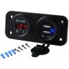 Montážny zapaľovač vodeodolný 12V s dvomi USB portami a vstavaným voltmetrom 3,1A